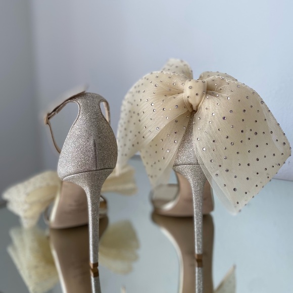 New JIMMY CHOO Aveline 100 bow-trimmed sandals hotfix Crystal embellished